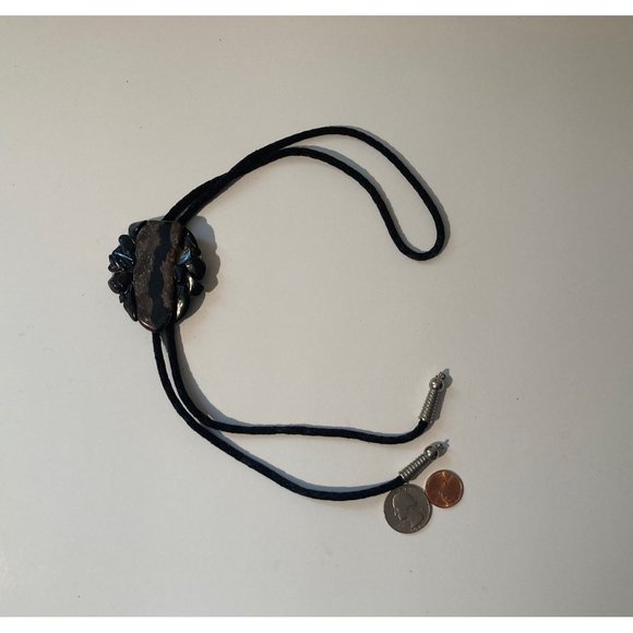 Vintage Metal Bolo Tie, Nice Black and Brown Stone Design2 1/2" x 2", - Picture 4 of 5